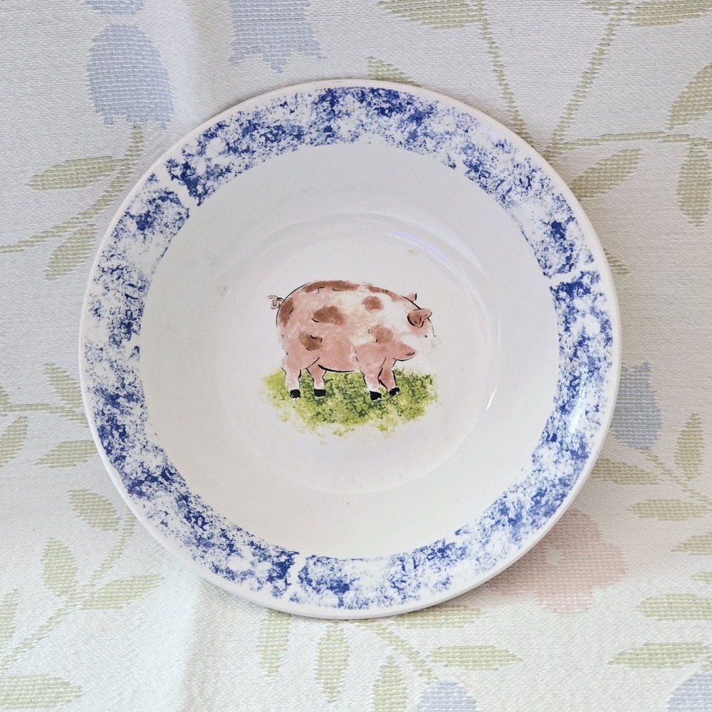 Tabletops Unlimited Country Barn Pink Pig Sponge Blue Border 8-1/2" Bowl